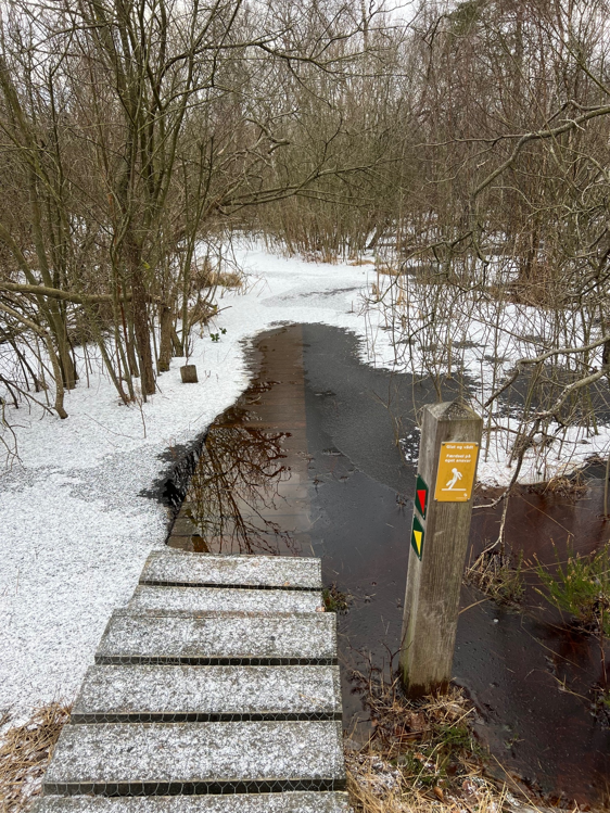 Billede af vand og is hen over gangbroen i Horreby Lyng og skilt på en pæl i forgrunden med teksten "Færdsel på eget ansvar"